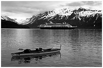 Kayak and cruise ship, East arm. Glacier Bay National Park, Alaska (black and white)