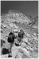 Hikers on trail, Dusy Basin. Kings Canyon National Park, California (black and white)