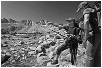 Hikers pointing, Dusy Basin. Kings Canyon National Park, California (black and white)