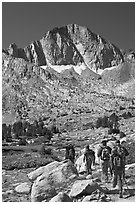 Hikers and Mt Giraud, Dusy Basin. Kings Canyon National Park, California (black and white)