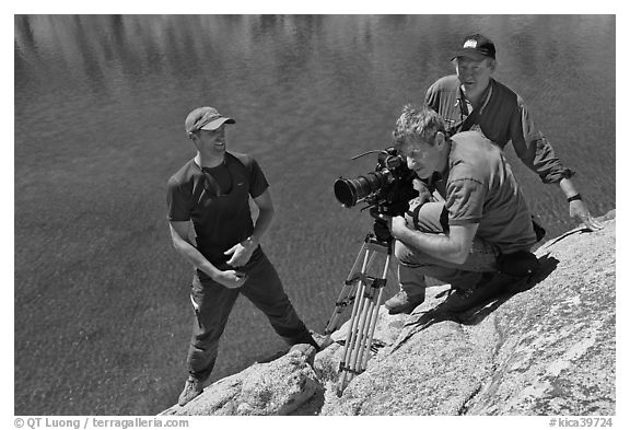 Cameramen filming near lake, lower Dusy Basin. Kings Canyon National Park, California