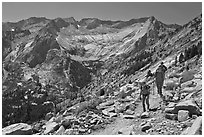 Hikers on trail above Le Conte Canyon. Kings Canyon National Park, California (black and white)