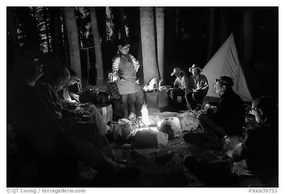 Dinner around night campfire, Le Conte Canyon. Kings Canyon National Park, California