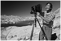 [photo by Buddy Squires] Large format photographer with camera, Dusy Basin. Kings Canyon National Park, California (black and white)