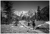 Backpackers on the John Muir Trail. Kings Canyon National Park, California (black and white)