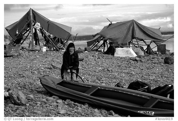 Inflating the canoe next to an Eskimo fish camp in Ambler. Kobuk Valley National Park, Alaska