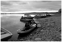 Putting up the canoe in Ambler. Kobuk Valley National Park, Alaska (black and white)