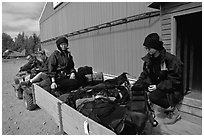 Riding on the trailer with the gear. Lake Clark National Park, Alaska (black and white)