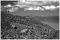 Backpackers on a ridge above Turquoise Lake. Lake Clark National Park, Alaska (black and white)