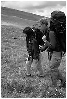 Two backpackers on the tundra. Lake Clark National Park, Alaska (black and white)