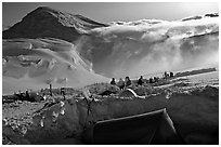 The first important camp, where people gather at a same spot, is found at 11000. Denali, Alaska (black and white)