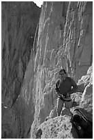 Man gearing up to climb  East face of Mt Whitney. Sequoia National Park, California (black and white)