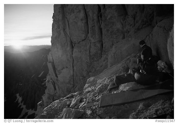 Mountaineers on a bivy on Mt Whitney at sunrise. Sequoia National Park, California