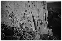 Climbers on a bivy ledge in the East face of Mt Whitney. Sequoia National Park, California (black and white)