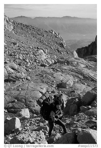 Mountaineers hiking on approach to  East face of Mt Whitney. Sequoia National Park, California