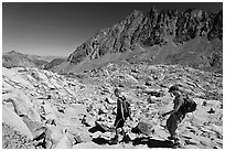 Hikers at Bishop Pass, John Muir Wilderness. Kings Canyon National Park, California (black and white)