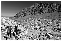 Hikers below Bishop Pass, John Muir Wilderness. Kings Canyon National Park, California (black and white)