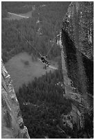 [photo by Bryce Nesbitt] Tyrolean traverse from Lost Arrow Spire. Yosemite National Park, California (black and white)