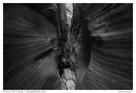 Canyoneers squeezing in Keyhole Canyon. Zion National Park (black and white)