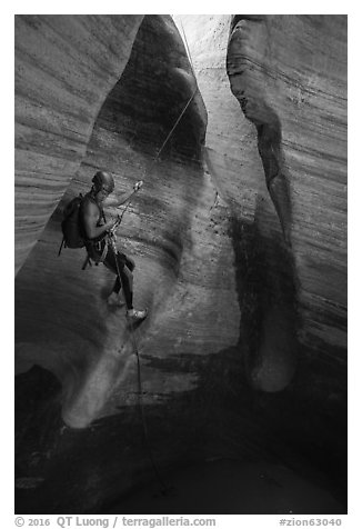 First rappel into Keyhole Canyon. Zion National Park (black and white)