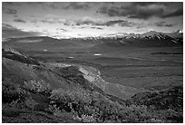 Tundra, braided rivers, Alaska Range in the evening from Polychrome Pass. Denali National Park, Alaska, USA. (black and white)