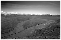 Wide valley with braided rivers and Alaska Range at sunrise from Polychrome Pass. Denali National Park, Alaska, USA. (black and white)