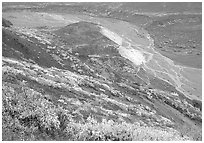 Tundra in fall color and braided river below, from Polychrome Pass. Denali National Park, Alaska, USA. (black and white)