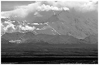 Mt Mc Kinley in the clouds from Wonder Lake area. Denali National Park, Alaska, USA. (black and white)