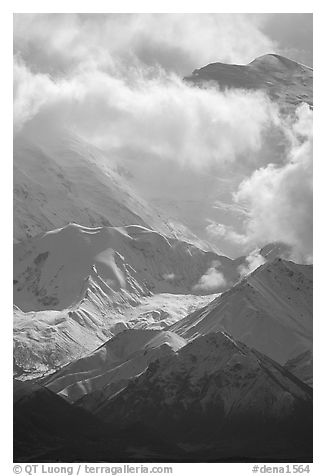 Mt Mc Kinley in the clouds from Wonder Lake area. Denali National Park (black and white)