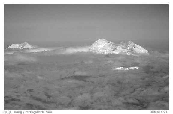 Mt Foraker and Mt McKinley emerging from a sea of clouds. Denali National Park (black and white)