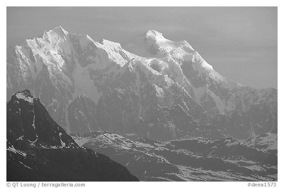 Mt Huntington and Mt Hunter at sunrise. Denali National Park (black and white)