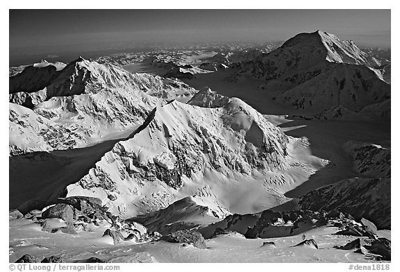 Kahilna peaks and Mt Foraker seen from 16000ft on Mt Mc Kinley. Denali National Park, Alaska, USA.