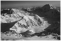 Kahilna peaks and Mt Foraker seen from 16000ft on Mt Mc Kinley. Denali National Park, Alaska, USA. (black and white)