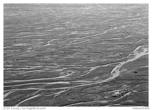 Braids of the McKinley River on sand bar near Eielson. Denali National Park (black and white)