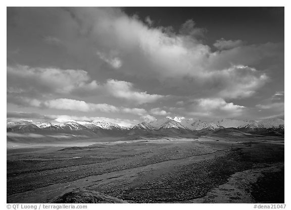 Wide braided rivers, Alaska Range, and clouds, late afternoon. Denali  National Park (black and white)