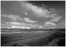 Wide braided rivers, Alaska Range, and clouds, late afternoon. Denali National Park, Alaska, USA. (black and white)