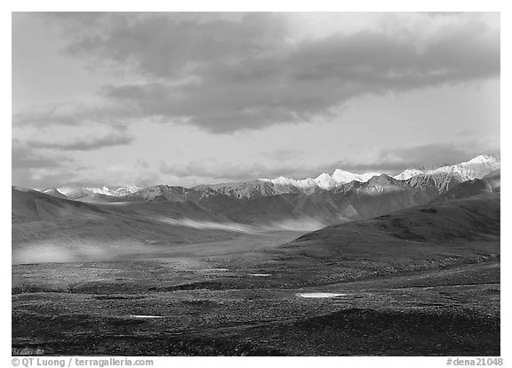 Tarn lakes, tundra, and snowy mountains of Alaska Range with patches of light. Denali  National Park (black and white)