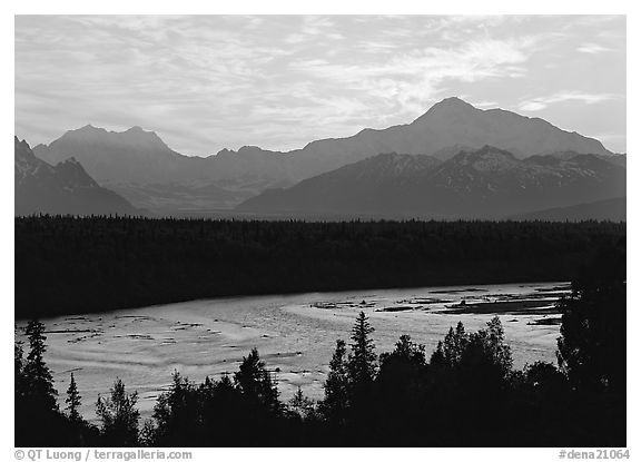 Mt Mc Kinley and Chulitna River at sunset. Denali National Park, Alaska, USA.