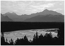 Mt Mc Kinley and Chulitna River at sunset. Denali National Park, Alaska, USA. (black and white)