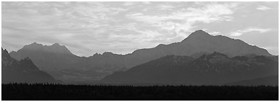 Alaska range and sunset sky. Denali  National Park (Panoramic black and white)