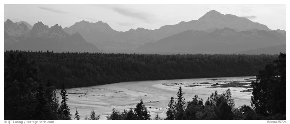 Wide river and Alaska range at sunset. Denali National Park (black and white)