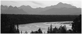 Wide river and Alaska range at sunset. Denali  National Park (Panoramic black and white)