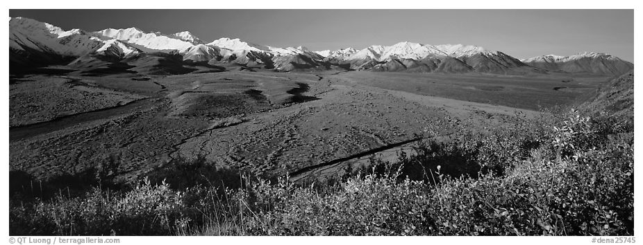 Alaskan mountain landscape with wide river valley. Denali National Park (black and white)
