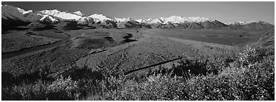 Alaskan mountain landscape with wide river valley. Denali National Park (Panoramic black and white)