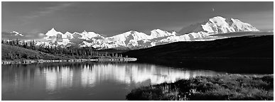 Tranquil autumn evening with Mount McKinley reflections. Denali National Park (Panoramic black and white)