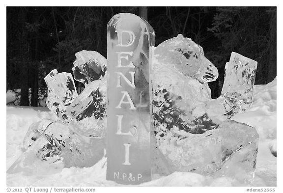 Ice sculpture with woman and bear. Denali National Park, Alaska, USA.