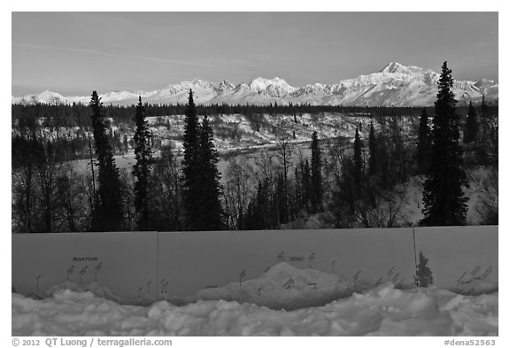 Interpretive sign, forest and Alaska range. Denali National Park (black and white)