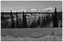 Forest and Alaska range interpretative sign. Denali National Park, Alaska, USA. (black and white)