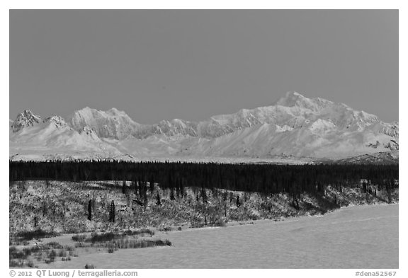 Denali and Mt Hunter at dawn in winter. Denali National Park, Alaska, USA.