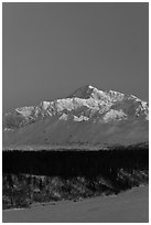 Mt McKinley under clear winter sky at sunrise. Denali National Park, Alaska, USA. (black and white)